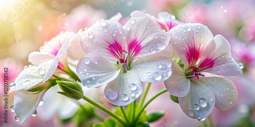 Delicate Pink & White Geranium Blossoms with Water Droplets - Long Exposure Stock Photo