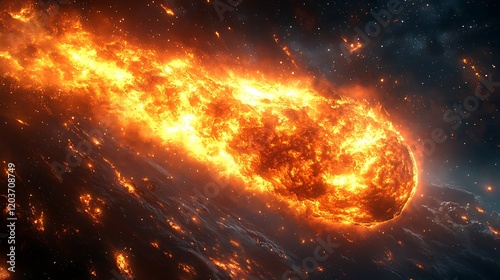 Fiery Comet: A blazing comet streaks across the cosmos, its fiery tail illuminating the dark expanse of space.  A breathtaking cosmic event captured in vivid detail.