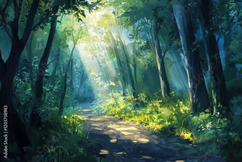 Ethereal Forest Path Sunlit Woodland Scene with Lush Greenery and Light Beams.