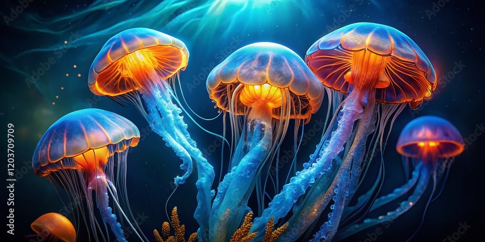 Fototapeta premium Glowing Blue and Orange Jellyfish Underwater Scene - Stock Photo