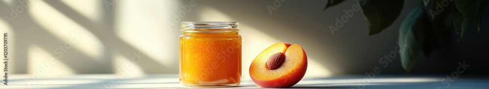 Fresh peach jam in a glass jar with half-cut peach in bright sunlight Fresh peach jam in a glass jar with half-cut peach in bright sunlight