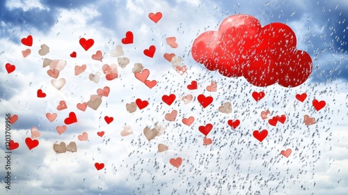 A whimsical scene featuring a red cloud raining heart shapes, symbolizing love and romance against a cloudy sky backdrop.