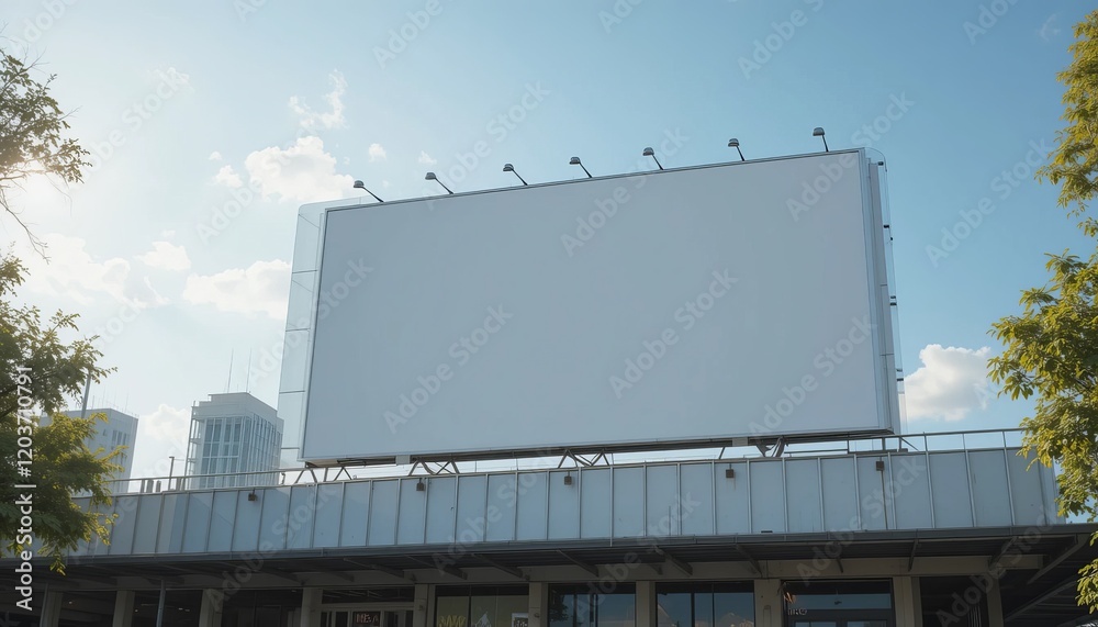 An empty huge poster mockup on the roof of a mall; white template placeholder of an advertising billboard on the rooftop of a modern building framed by trees; blank mock-up of an outdoor info banner An empty huge poster mockup on the roof of a mall; white template placeholder of an advertising billboard on the rooftop of a modern building framed by trees; blank mock-up of an outdoor info banner
