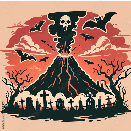 vector illustration of a spooky erupting volcano