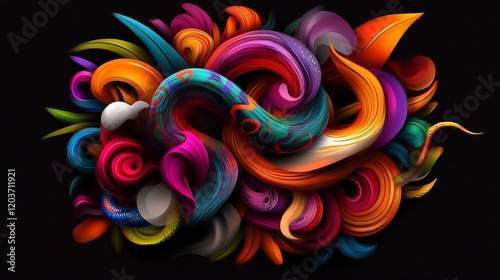 Abstract swirling shapes in vibrant colors against a dark background artistic design