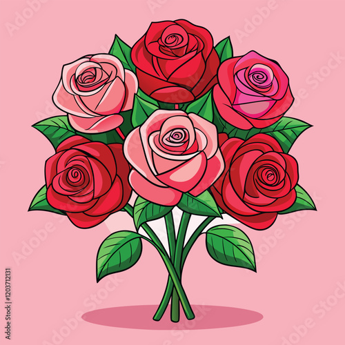 Beautiful Red and Pink Rose Bouquet | Romantic Floral Illustration