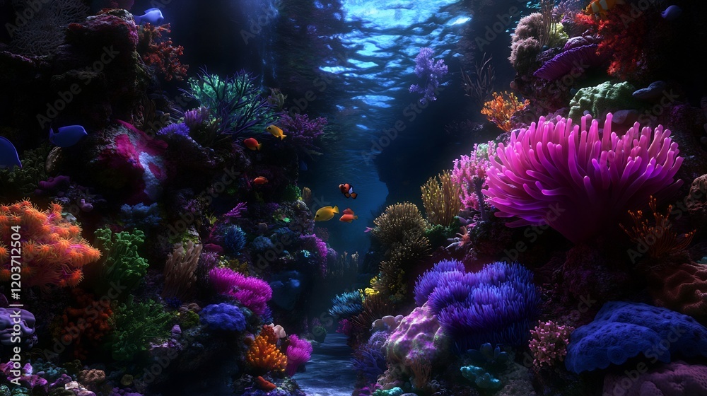 Naklejka premium Vibrant underwater coral reef with colorful fish and diverse marine life creating a stunning seascape