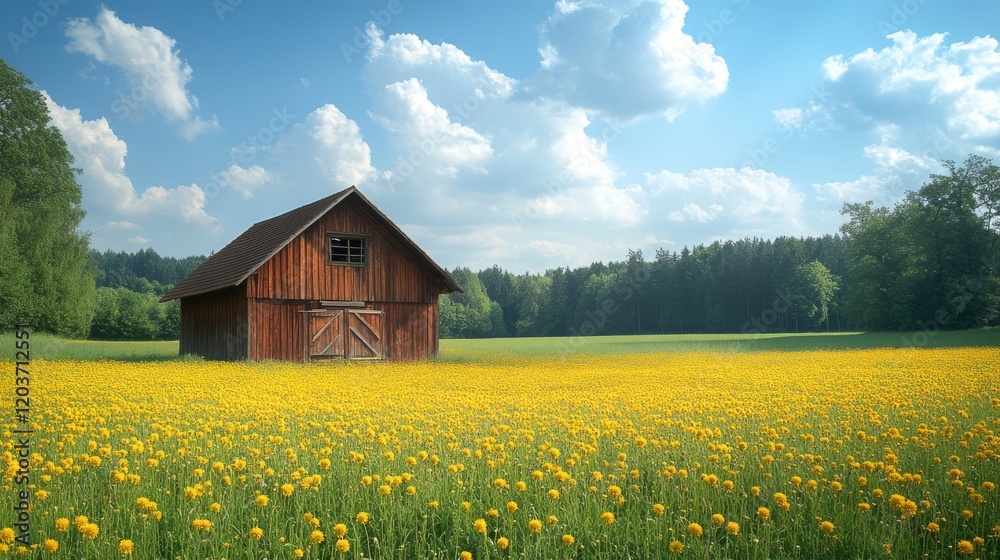 Idyllic Rural Scene of a Rustic Barn Surrounded by a Vibrant Yellow Dandelion Field on a Sunny Day with Fluffy White Clouds and Green Trees Idyllic Rural Scene of a Rustic Barn Surrounded by a Vibrant Yellow Dandelion Field on a Sunny Day with Fluffy White Clouds and Green Trees