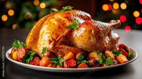 Roasted turkey with a medley of roasted root vegetables, fresh herbs, and savory gravy is a beloved dish often enjoyed during holiday gatherings such as Thanksgiving or Christmas.