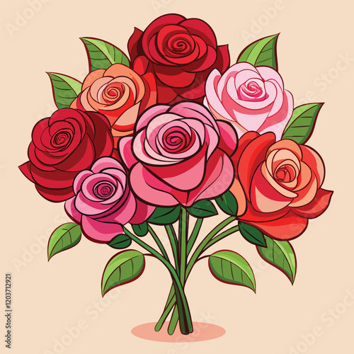 Beautiful Red and Pink Rose Bouquet | Romantic Floral Illustration