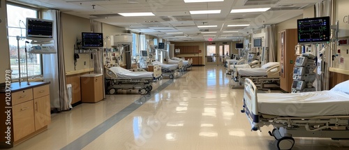 Clinical environment in a modern hospital ward neatly arranged beds and monitors overview