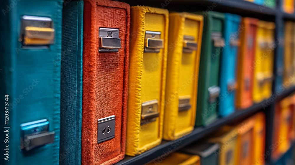 Fototapeta premium Colorful storage boxes arranged neatly on a shelf in a creative workspace