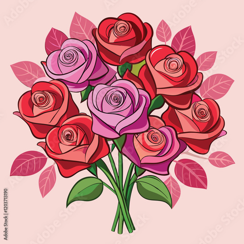 Beautiful Red and Pink Rose Bouquet | Romantic Floral Illustration