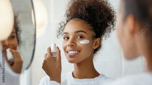 Relaxing evening skincare routine woman's moisturizer application at home