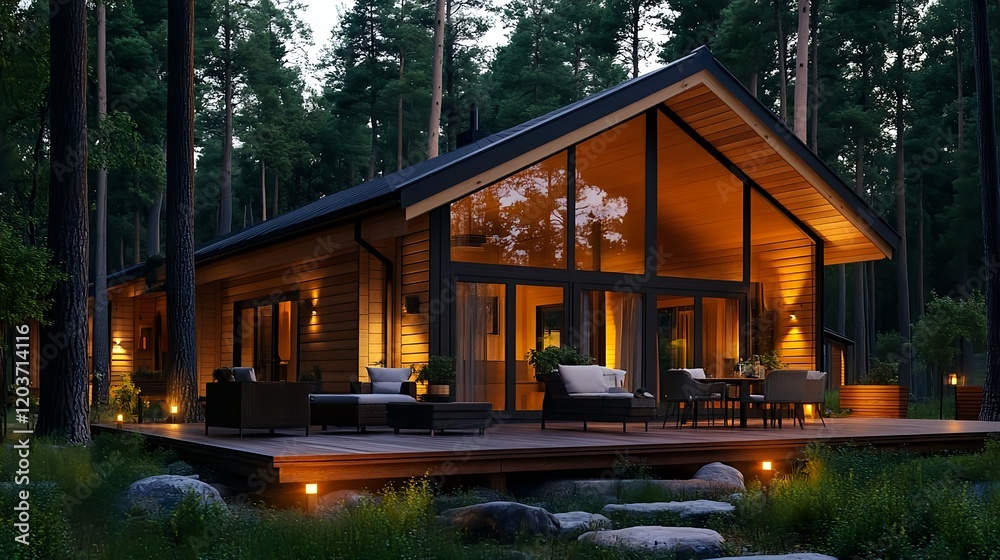 Fototapeta premium modern cabin in forest at dusk - sustainable architecture