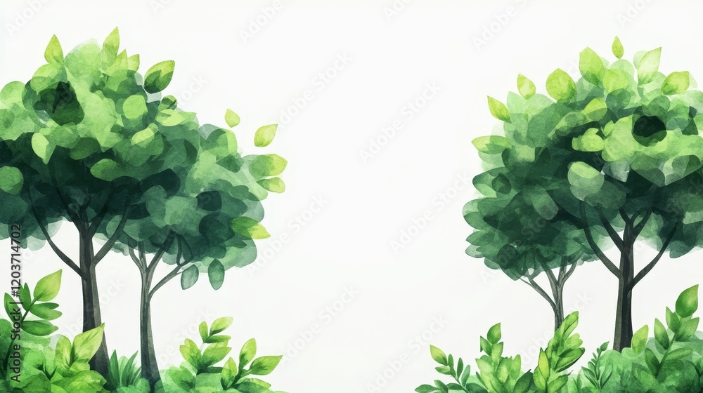Lush Green Trees and Foliage with Soft Watercolor Background Lush Green Trees and Foliage with Soft Watercolor Background