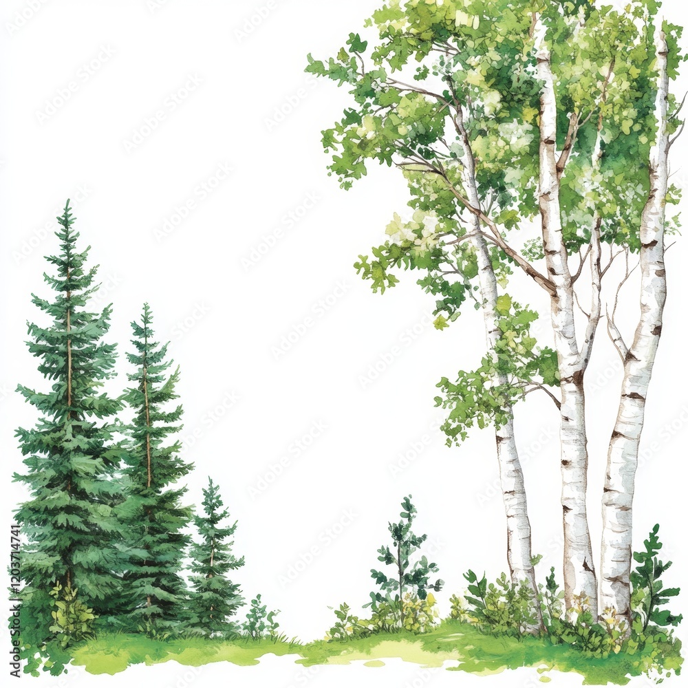 Fototapeta premium Serene Forest Scene with Birch and Evergreen Trees in Natural Setting