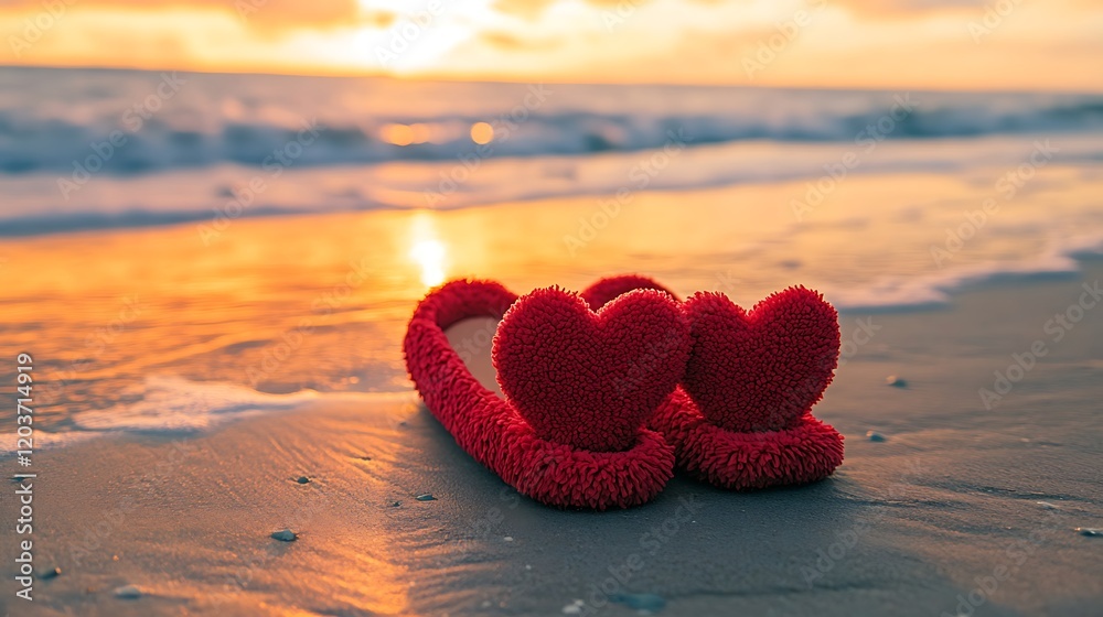 Fototapeta premium Warm red slippers with heart detail on beach background