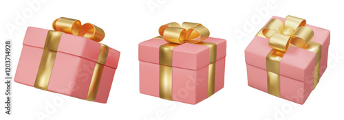 3D vector rendering illustration of a pink gift box minimalist icon set decorated with a gold ribbon. Conveys joy, love, luxury for birthdays, anniversaries, Valentine's Day, and celebrations.