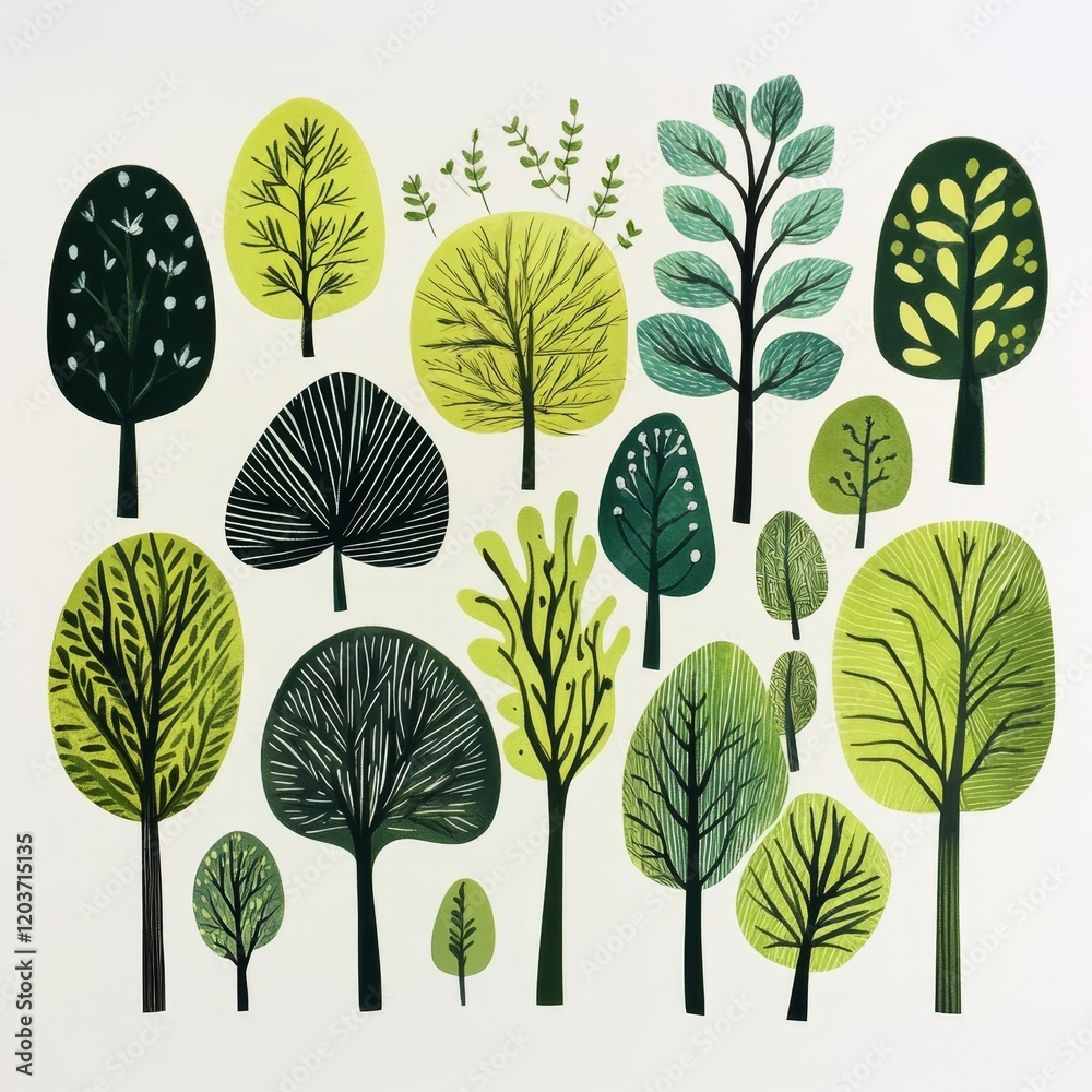 Fototapeta premium Diverse Collection of Stylized Green Trees for Nature Backgrounds