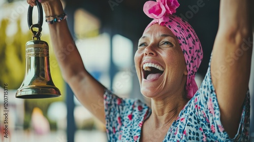 Celebration bell rings joyful cancer survivor’s sunny day affirmation