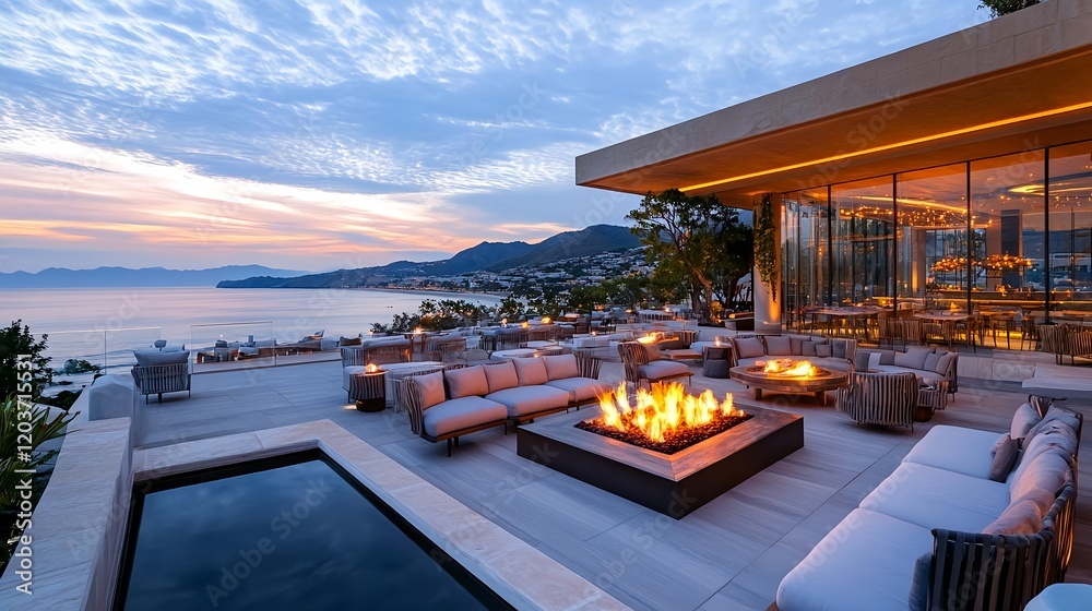 Fototapeta premium luxury rooftop lounge sunset ocean view - warm lighting