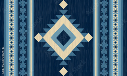 Geometric pattern in shades of blue tribal motif and ethnic . Ideal for textiles, wallpapers, or decorative arts, this pattern combines elegance with cultural richness in a harmonious color palette.