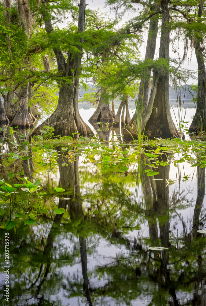 Bald Cypress (Taxodium distichum) in water with reflection, Lake Norris, Florida, United States.