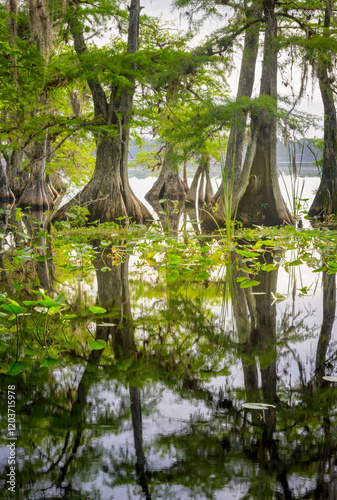 Obraz na płótnie Bald Cypress (Taxodium distichum) in water with reflection, Lake Norris, Florida, United States. w salonie