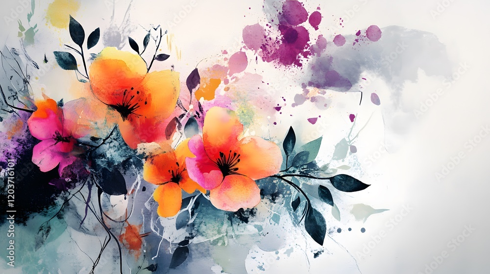 Obraz premium Abstract Watercolor Painting of Orange Flowers and Leaves