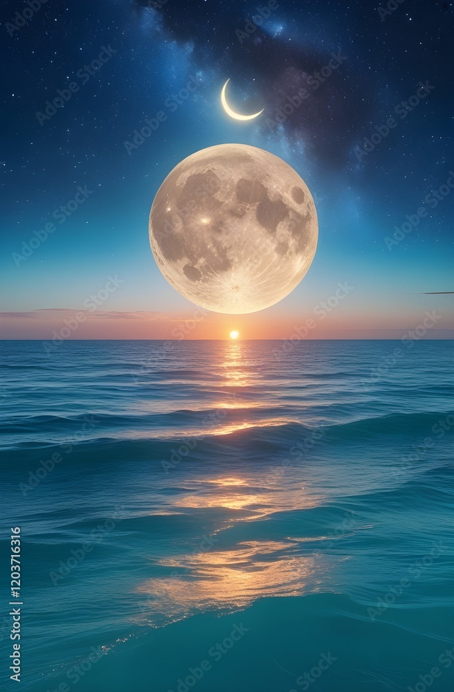 Fototapeta premium Calm Ocean Waters with Sunset and Starry Galaxy Night Sky Phone Background 