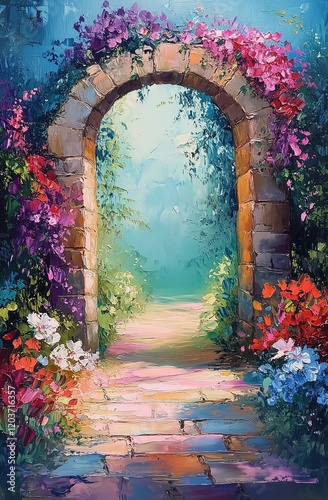 A painting of an old stone archway leading to the entrance, with vibrant flowers in full bloom on both sides