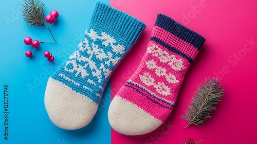 Winter cabin socks with wooly feel on pink and blue background photo