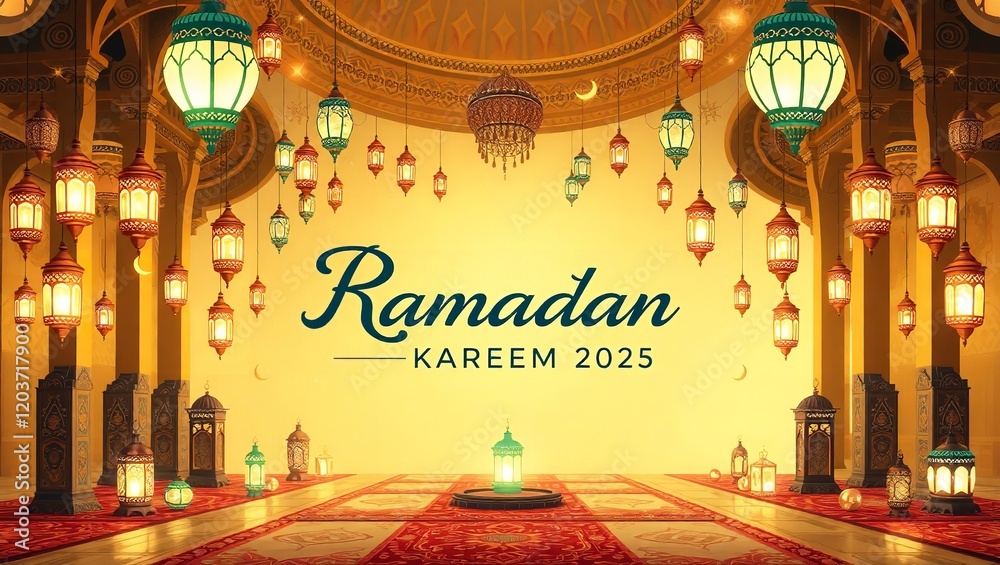 Obraz premium A vibrant and festive digital illustration of Ramadan celebration 2025