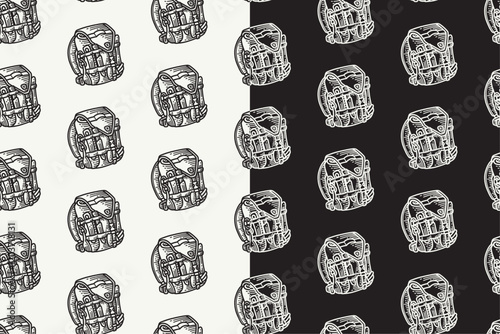 outdoor backpack with survival tool doodle seamless pattern on black white background set. hatching backpack background. camping bag engraving wallpaper. pattern background with backpack for adventure