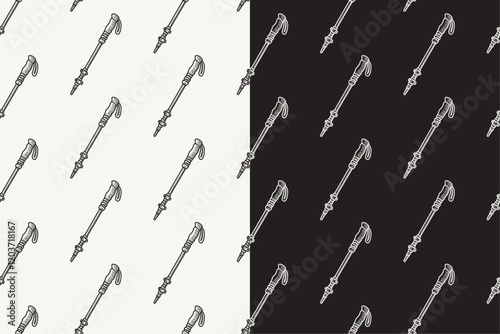 hiking sticks doodle seamless pattern on black white background set. hatching outdoor trekking poles background. walking poles engraving wallpaper. pattern background with trekking poles for adventure