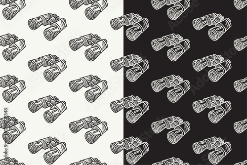 binocular outdoor doodle seamless pattern on black white background set. retro binocular background. modern binocular engraving wallpaper. binoculars optical vision pattern background for adventure