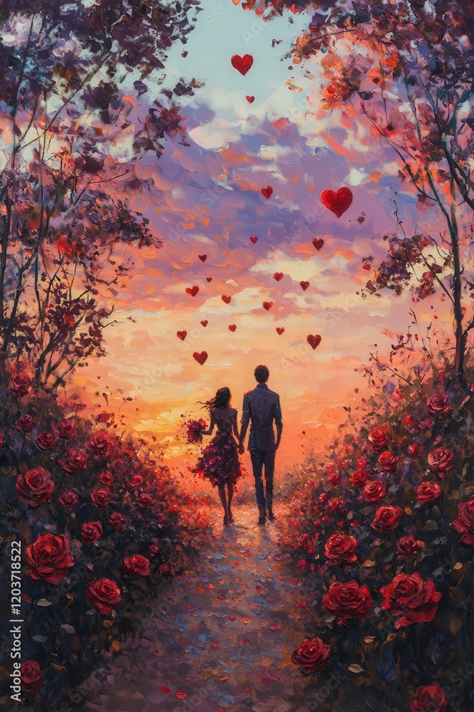 Fototapeta premium Romantic couple walking through a heart-filled path