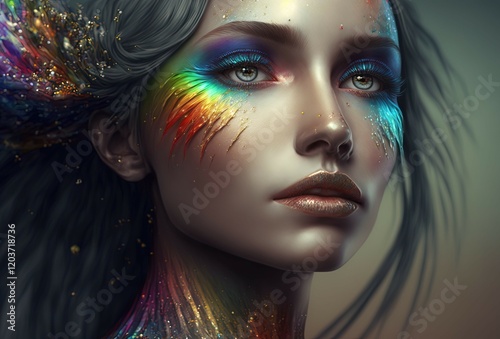 Rainbow Goddess. Generative AI, non-existent person.	