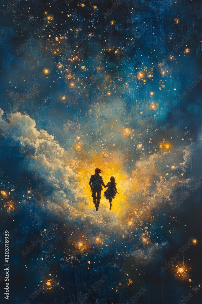 Fototapeta premium Couple walking under a glowing cosmic sky
