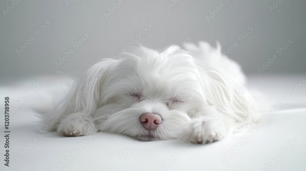 A peaceful white dog sleeping soundly on a soft surface in a serene indoor environment A peaceful white dog sleeping soundly on a soft surface in a serene indoor environment
