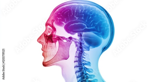 Colorful anatomical illustration showcasing human head profile with brain, skull, and spine details photo