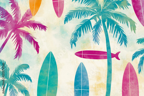 Award winning pattern design of fun tropical elements for kids design, featuring stylized palm trees, colorful surfboards, palm leaves, whimsical and cheerful pattern.