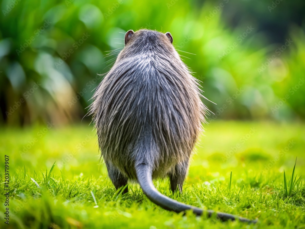 Fototapeta premium Gray Nutria, Coypu, Water Rat, Long Tail, Lawn, Rear View Macro