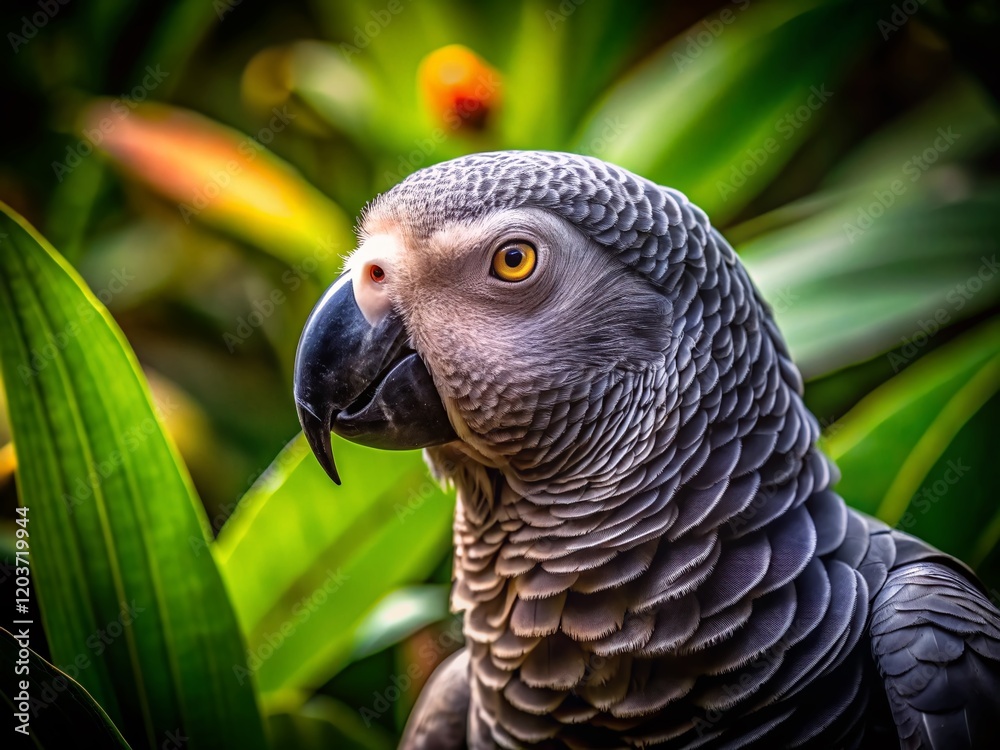 Obraz premium Gray Parrot Close-up, Low Light Jungle, Wild Bird Portrait