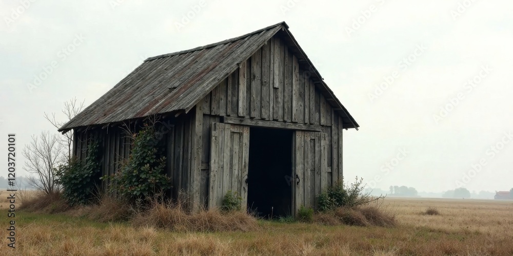 Rustic Wooden Shed in a Serene, Foggy Meadow, Open Doors Revealing Mysterious Interior Rustic Wooden Shed in a Serene, Foggy Meadow, Open Doors Revealing Mysterious Interior