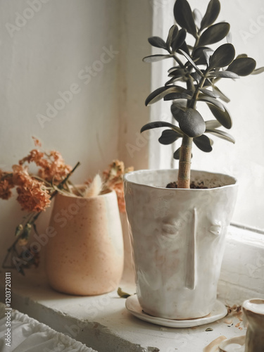 A white flowerpot with a human face and succulent and a beige flowerpot with a flower in the white interior on the windowsill of the house. White clay flowerpot with face - eyes and nose. photo