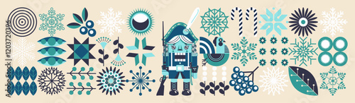 Winter funny background with nutcracker. Merry Christmas! Ukrainian style. Scandinavian winter motifs. Snowflakes, flowers, berries, candies. Minimal illustration.