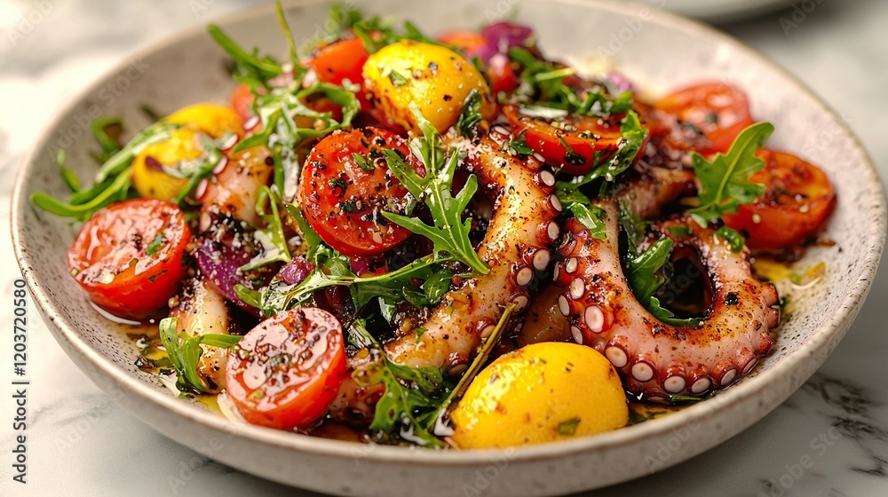 Grilled octopus salad with tomatoes, herbs, on marble kitchen counter. Grilled octopus salad with tomatoes, herbs, on marble kitchen counter.