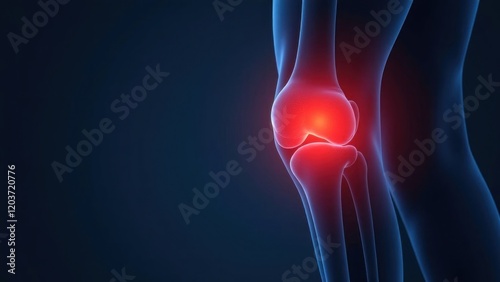 Knee joint showing inflammation and bones, medical scan depicting knee pain